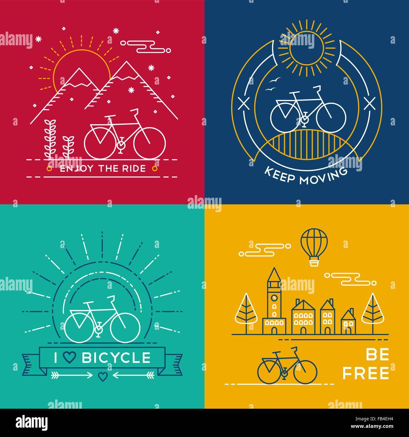 Set di bike modelli di poster in linea colorata in stile d'arte. Bicicletta citazioni di testo, della natura, della montagna e gli elementi della città. EPS10 vettore. Illustrazione Vettoriale