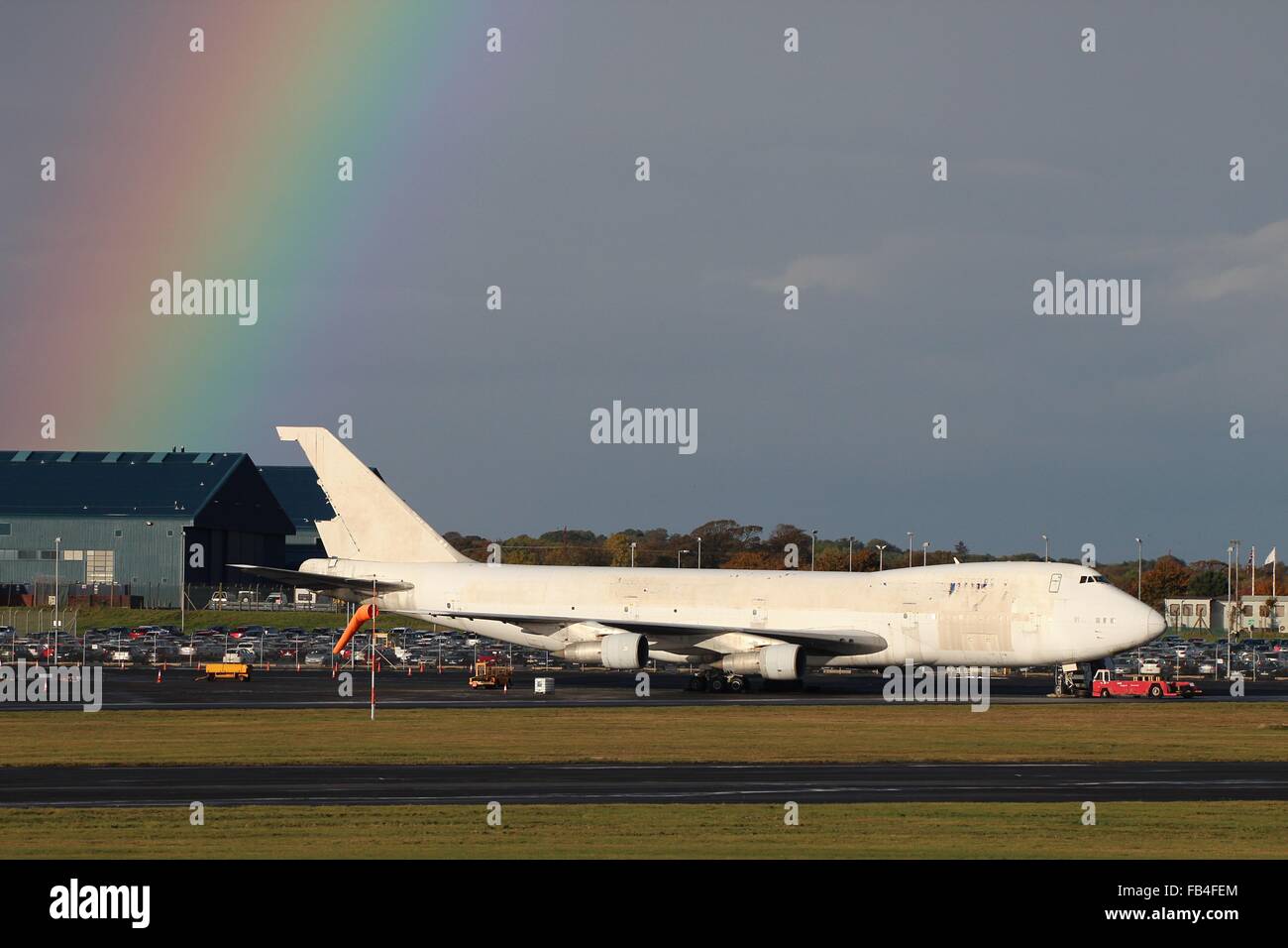 L'aeroporto di Prestwick residente del 747, un ex Polar Air esempio ora utilizzato come una massa trainer durante il mutevole clima autunnale. Foto Stock