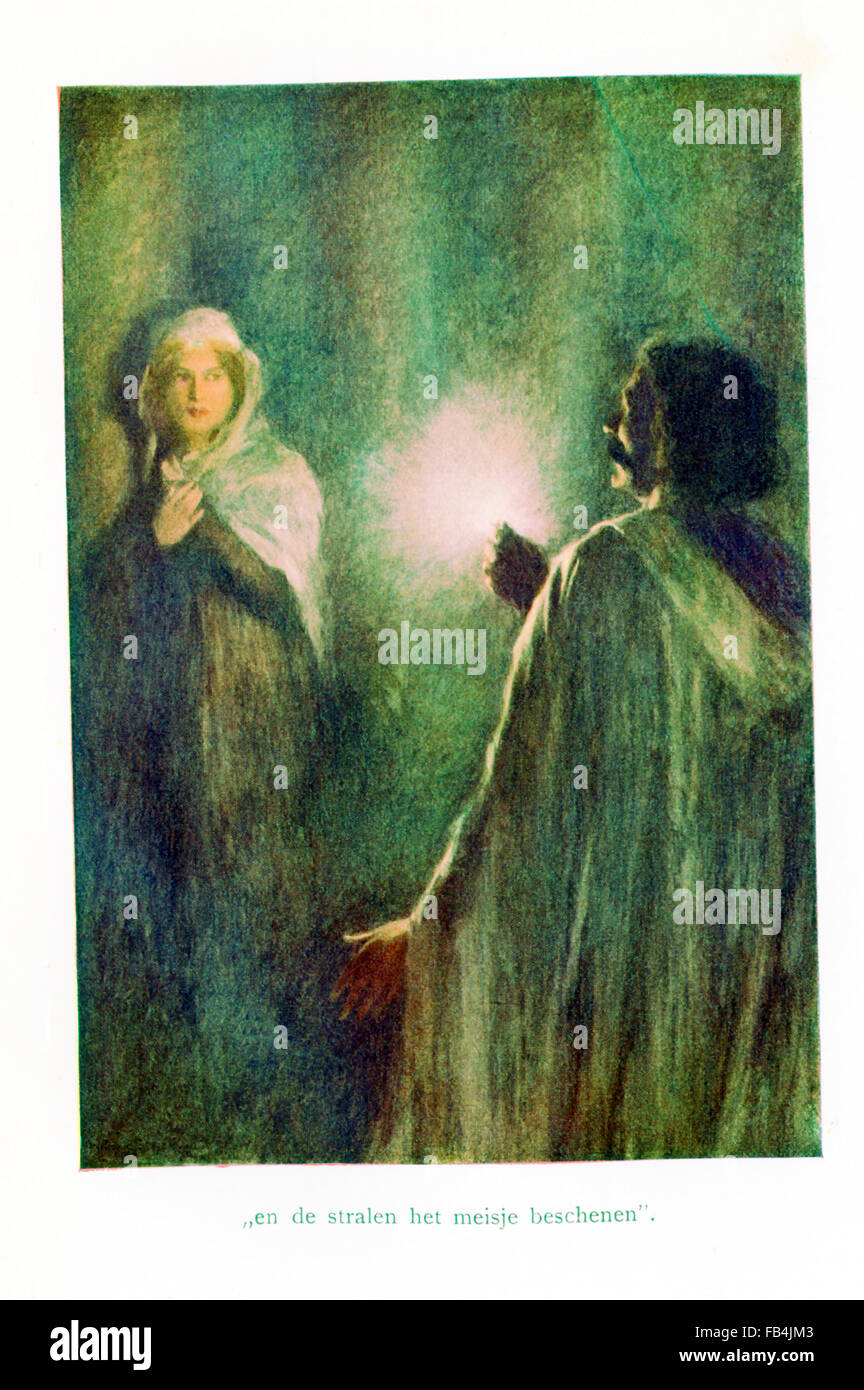 La didascalia per questa illustrazione si legge: e i raggi la ragazza brillavano. King Michael di Leida ha avuto una figlia e lo zar Doushan voleva una moglie. Doushan inviato un funzionario denominato Theodor per verificare la sua. La scena mostra qui Theodor con la principessa Roksanda. Il posto era buio, ma aveva un anello magico che ha fornito la luce. Ella era bellissima e la donò l'anello da Doushan. L'illustrazione è da un 1921 prenota on il serbo miti e leggende. Foto Stock