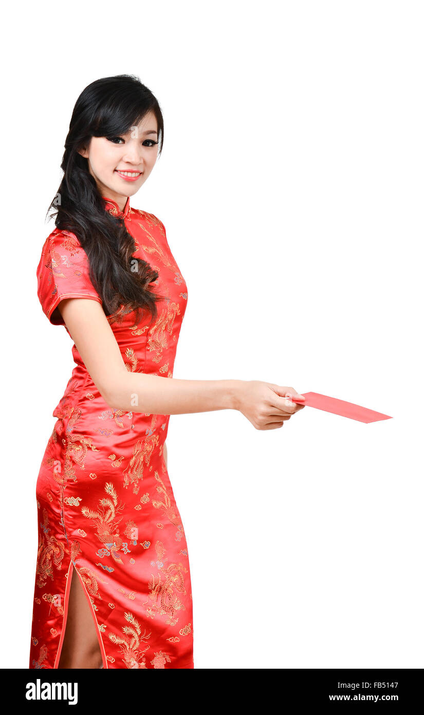 Le belle donne con cheongsam ,nel nuovo anno cinese in rosso di un pacchetto è un dono monetario Foto Stock