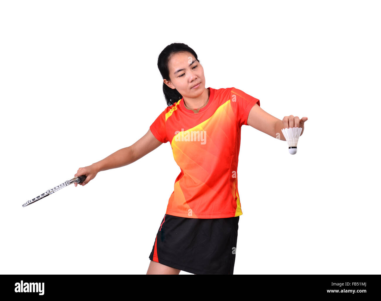 Badminton player in azione isolata su sfondo bianco Foto Stock