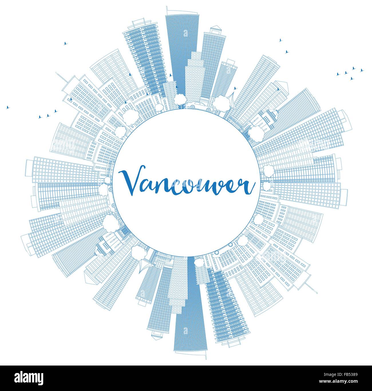 Profilo dello skyline di Vancouver con edifici blu e copia di spazio. Illustrazione Vettoriale. Viaggi di affari e turismo concept Illustrazione Vettoriale