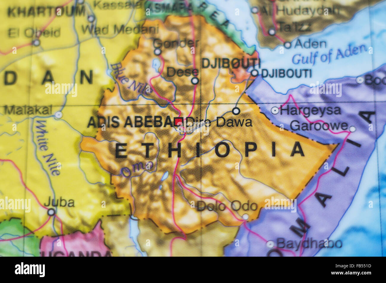 Foto di una mappa della Repubblica di Etiopia e la capitale Adis Abeba . Foto Stock