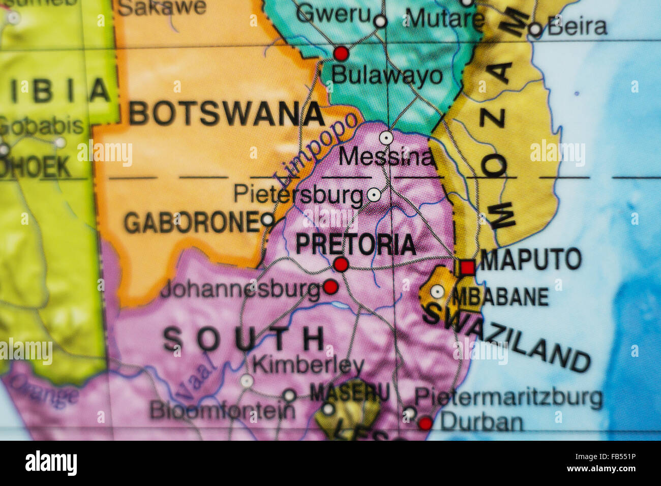 Vista Mappa di Sud Africa su una mappa geografica . Foto Stock