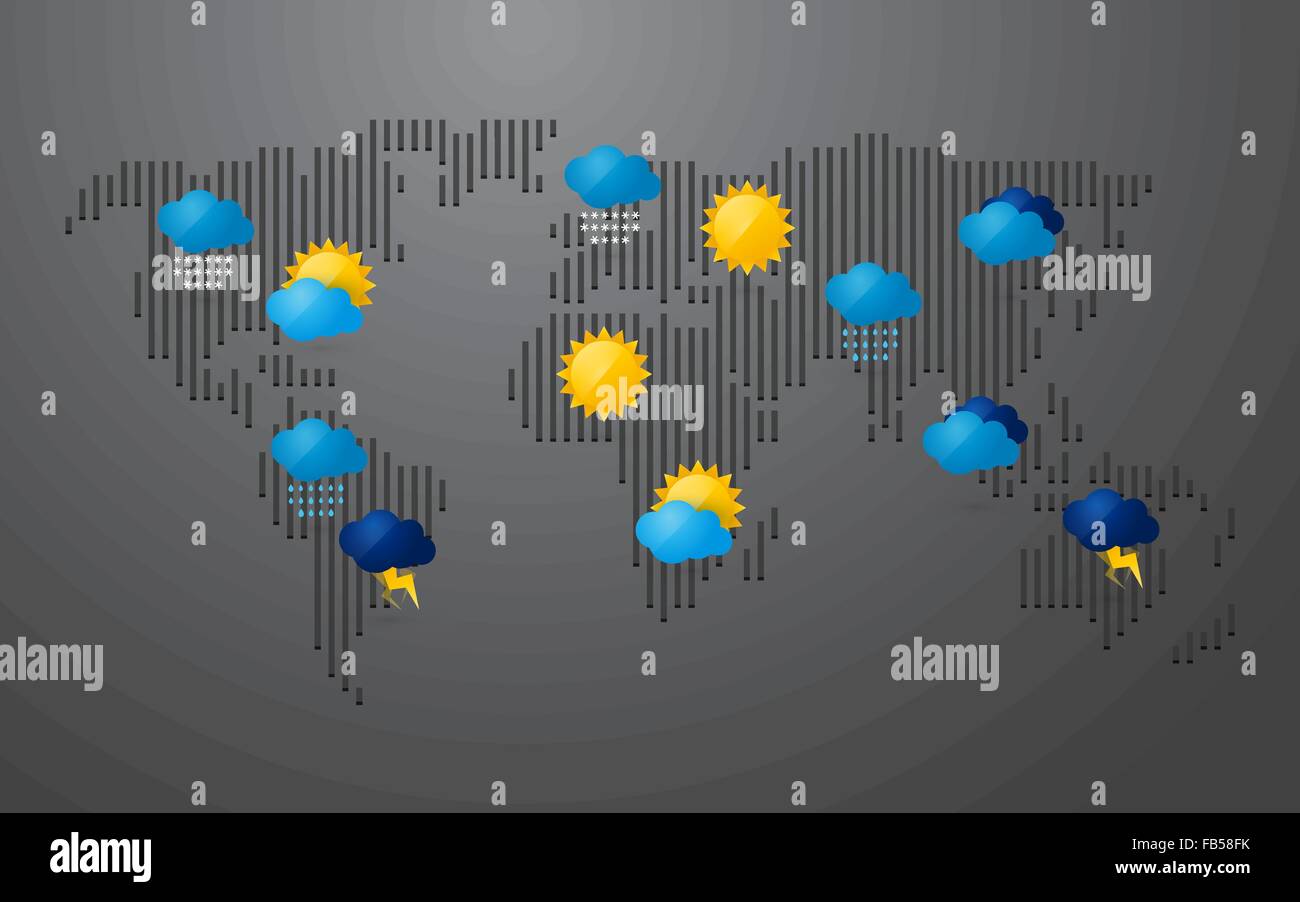 Mappa del mondo con icona meteo Illustrazione Vettoriale