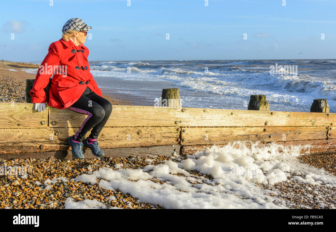 Donna di mezza età seduta su un groyne presso la spiaggia in un freddo giorno di inverno, guardando al mare nel West Sussex, in Inghilterra, Regno Unito. Foto Stock