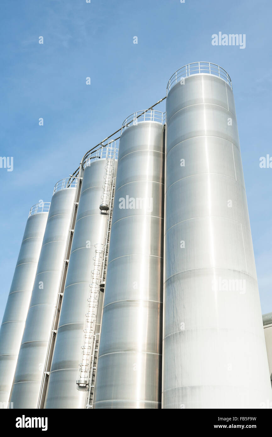 Silos industriali per la produzione chimica, da acciaio inossidabile Foto Stock