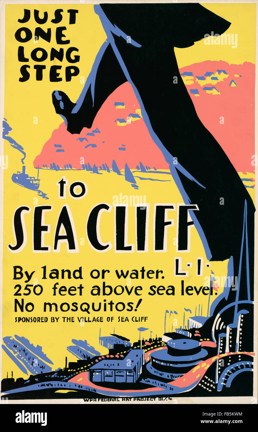 Per i progetti di lavoro Administration (WPA) poster di promozione di una vacanza al mare Cliff, Long Island, New York, che non ha alcuna zanzare, prodotte tra il 1936 e il 1943. (Biblioteca del Congresso) Foto Stock