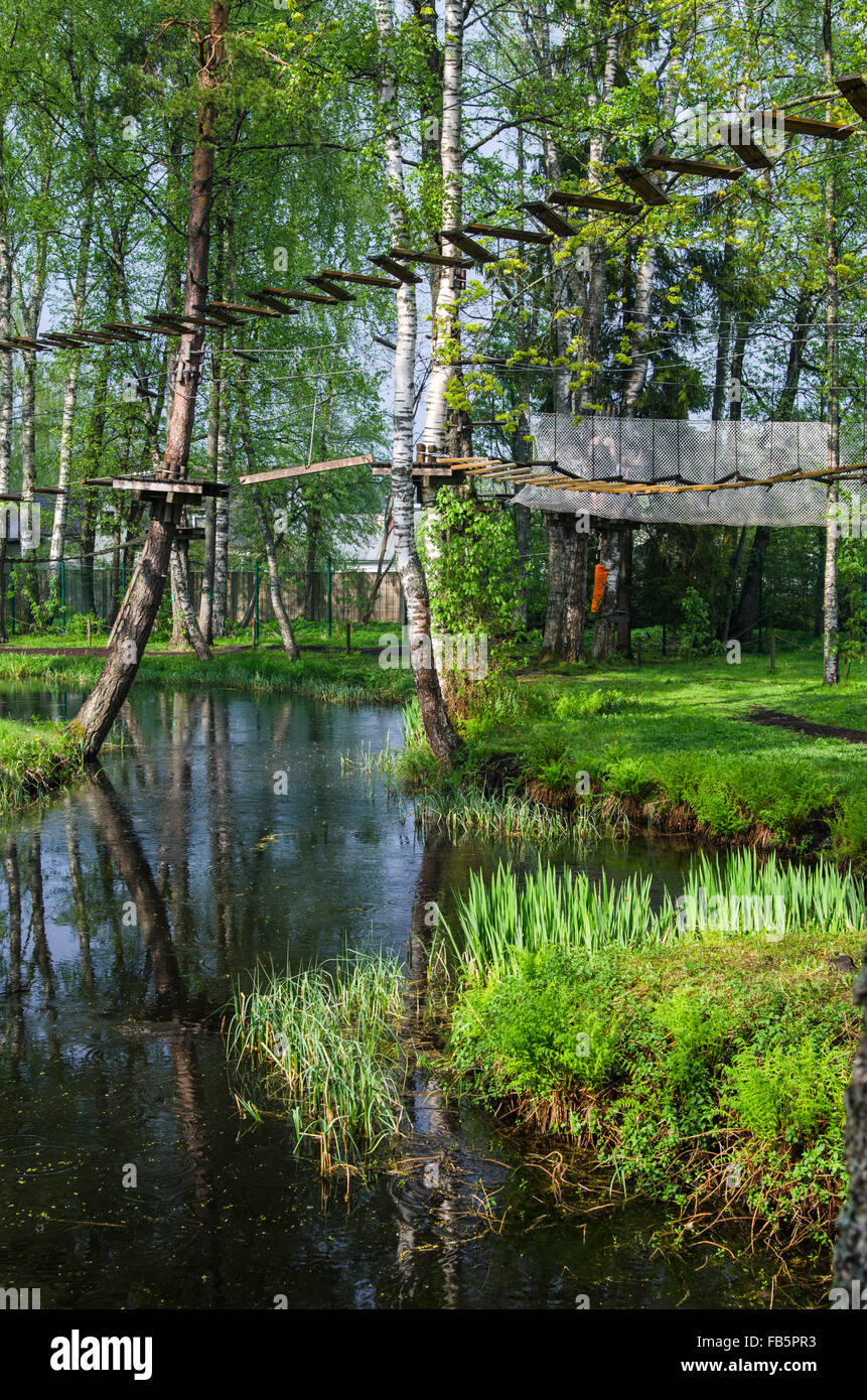 Pericoloso funivia con laccio in corda park, alberi con foglie di colore verde Foto Stock