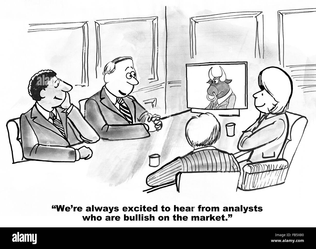 Business cartoon circa gli investimenti. L'azienda sempre gradisce sentire bullish commenti circa il mercato azionario. Foto Stock
