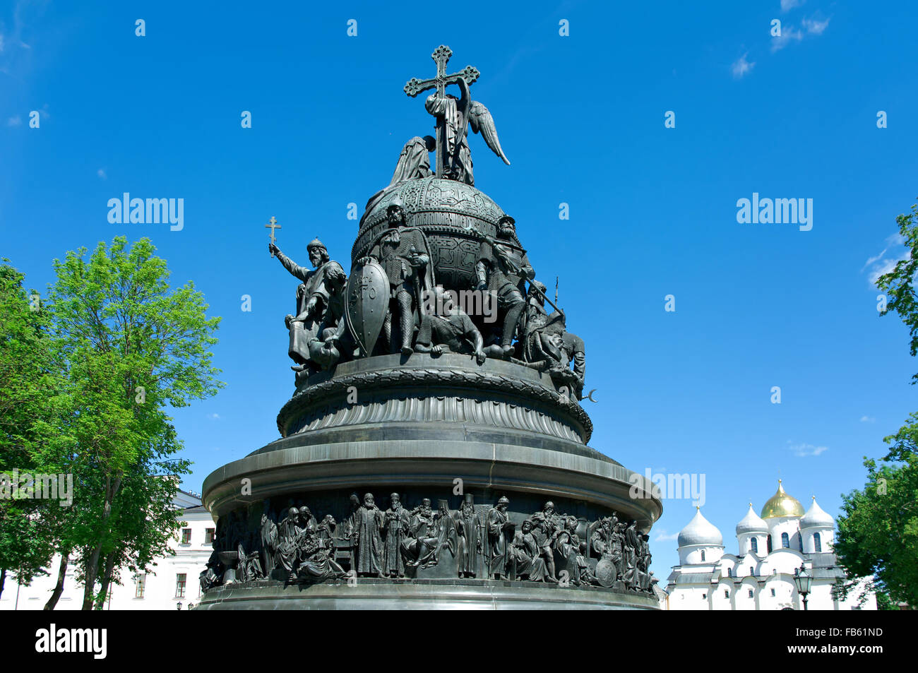Dettaglio del monumento al millennio della Russia in Veliky Novgorod , Russia Foto Stock