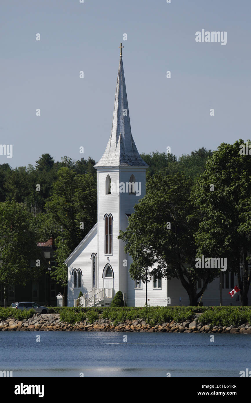 St John's Chiesa Evangelica Luterana sulla riva sud di Mahone Bay in Nova Scotia, Canada. Foto Stock