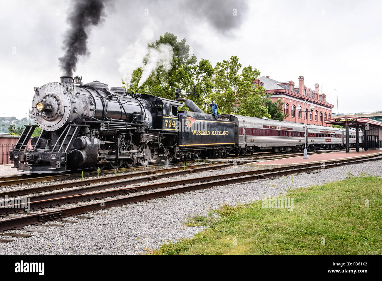 Western Maryland Scenic Railroad Baldwin 2-8-0 n. 734, Cumberland Maryland Foto Stock