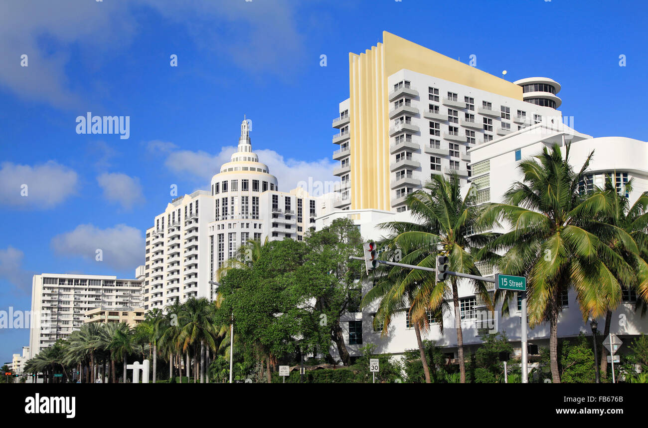 Hotel lussuosi a Miami Beach, architettura Art Deco, Florida, Stati Uniti d'America Foto Stock