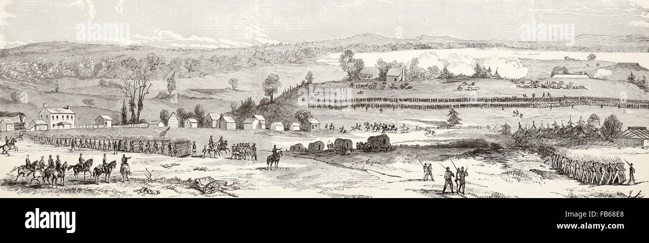 Le forze confederate sotto General Jackson avanzare alla stazione Rappahannock presso il fiume - batterie federale risponde all'artiglieria confederato, 23 agosto 1862, essendo l'inizio delle battaglie tra i generali Papa e Lee e Jackson, terminando a Bull Run, 30 agosto 1862. USA LA GUERRA CIVILE Foto Stock