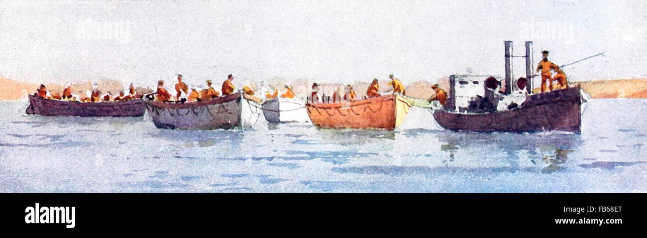 Nave di barche di andare fuori per una nave ospedale con feriti - Dardanelli campagna 1915 Foto Stock