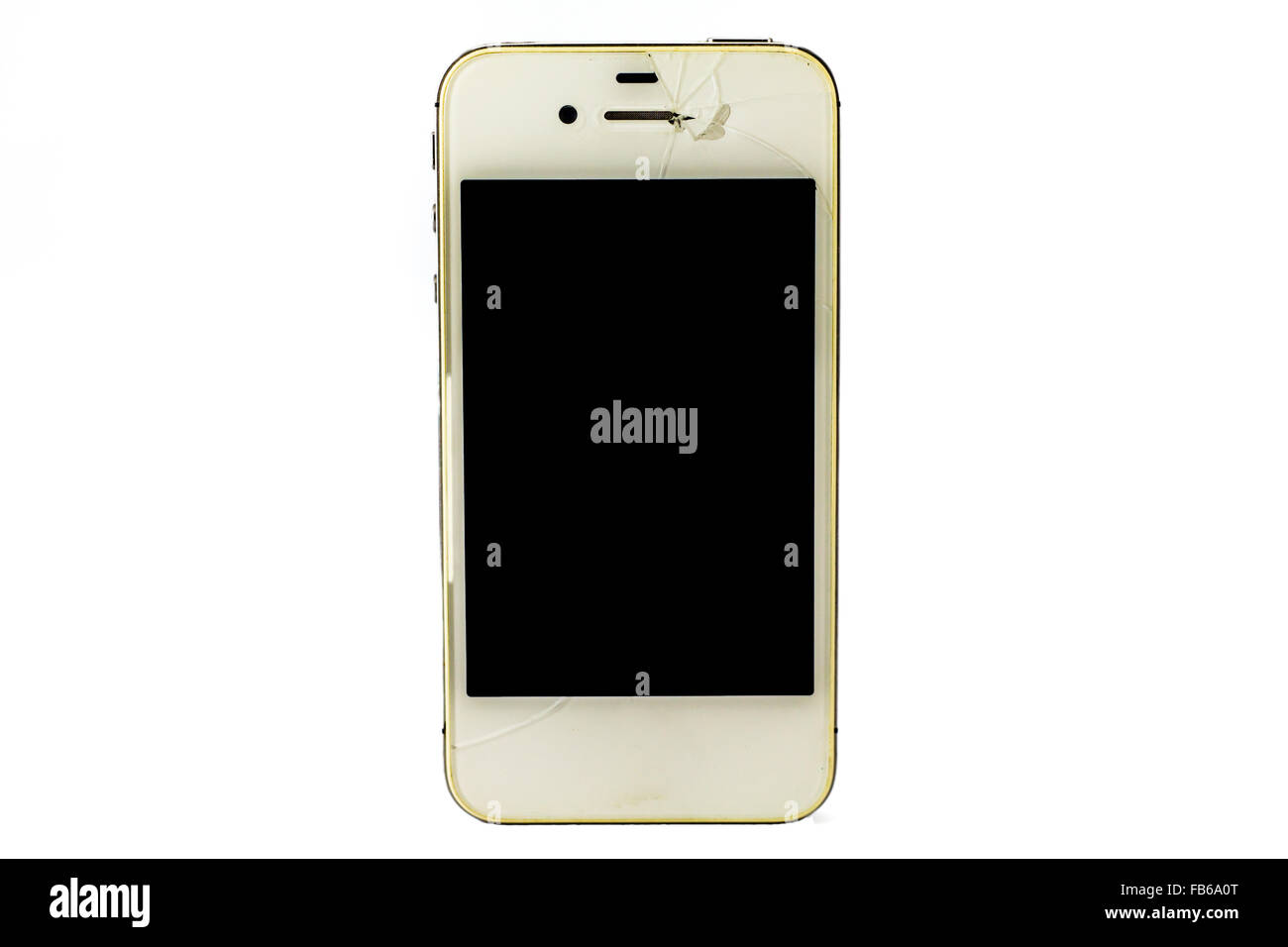 Moderno smartphone con schermo rotto isolati su sfondo bianco. Foto Stock
