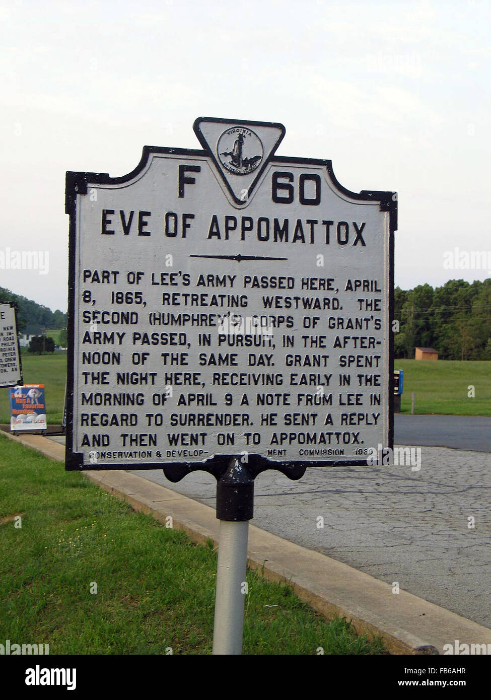 Vigilia di APPOMATTOX parte di Lee Esercito del passato qui, Aprile 8, 1865, ritirandosi verso ovest. Il secondo (Humphrey's) dei corpi di concedere l esercito del passato, nel perseguimento, nel pomeriggio dello stesso giorno. Grant ha trascorso la notte qui, di ricevere presto la mattina del 9 aprile una nota da Lee in merito alla consegna. Egli ha inviato una risposta e poi siamo andati a Appomattox. Conservazione e Sviluppo Commissione, 1930 Foto Stock