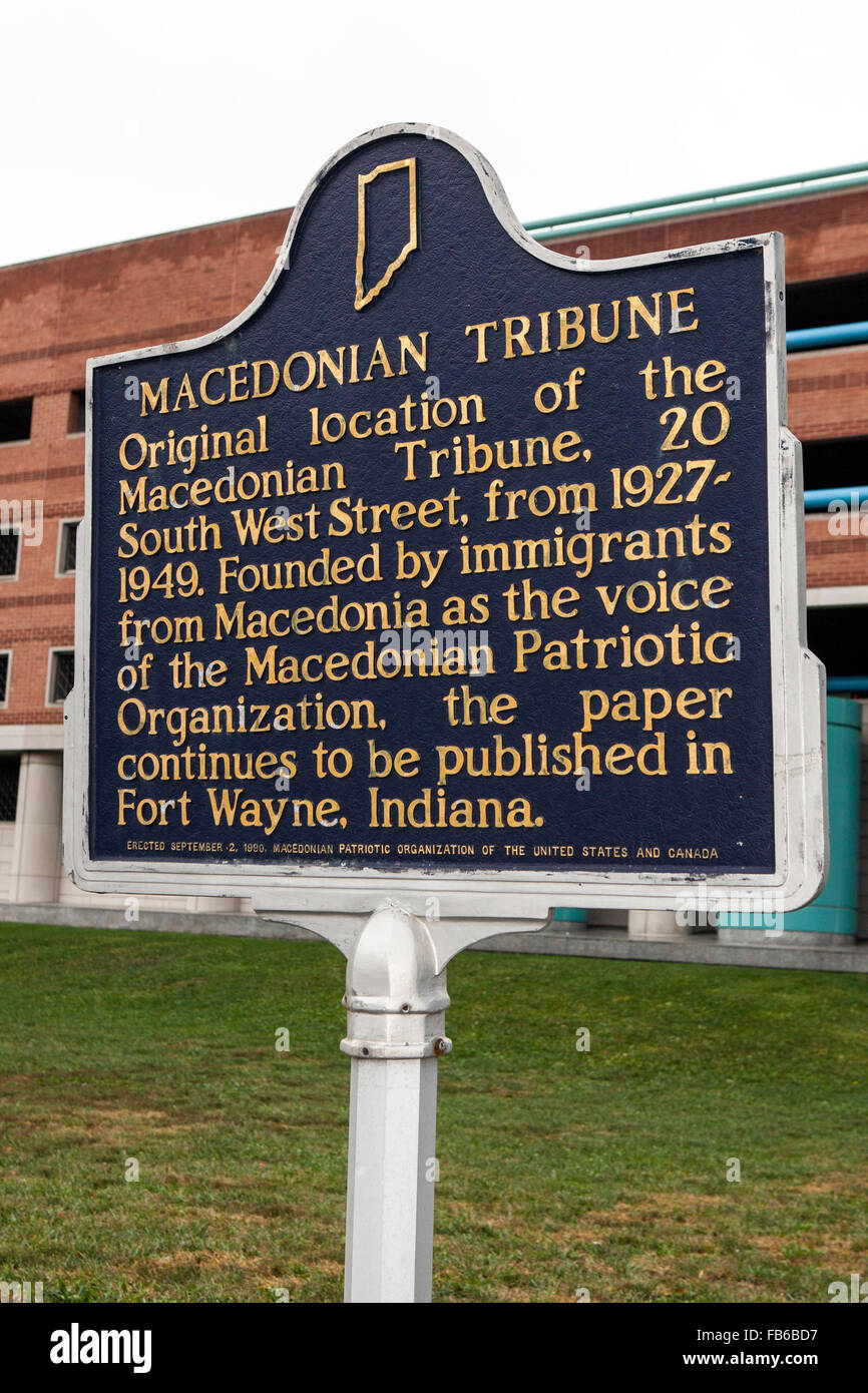 Tributo macedone posizione originale del macedone Tribune, 20 South West Street, dal 1927-1949. Fondata da immigrati provenienti da Macedonia come la voce del macedone organizzazione patriottica, la carta continua ad essere pubblicato in Fort Wayne, Indiana. Eretta il 2 settembre 1990. Macedonia organizzazione patriottica di Stati Uniti e Canada Foto Stock