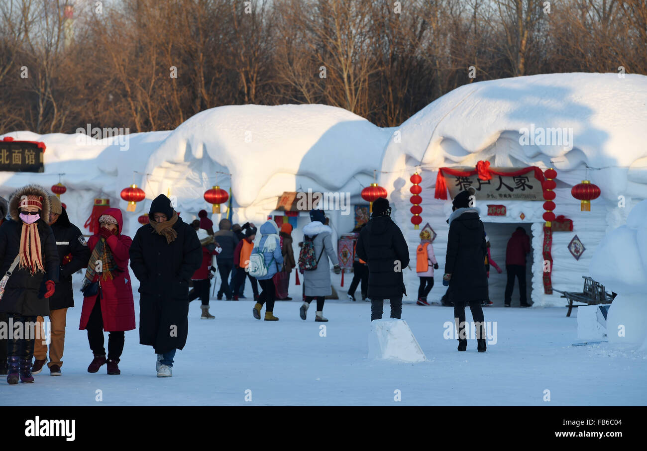 Harbin, la Cina della Provincia di Heilongjiang. Decimo gen, 2015. La gente visita il Sun Island Snow Expo di Harbin, capitale del nord-est della Cina di Provincia di Heilongjiang, 10 gennaio, 2015. © Wang Jianwei/Xinhua/Alamy Live News Foto Stock