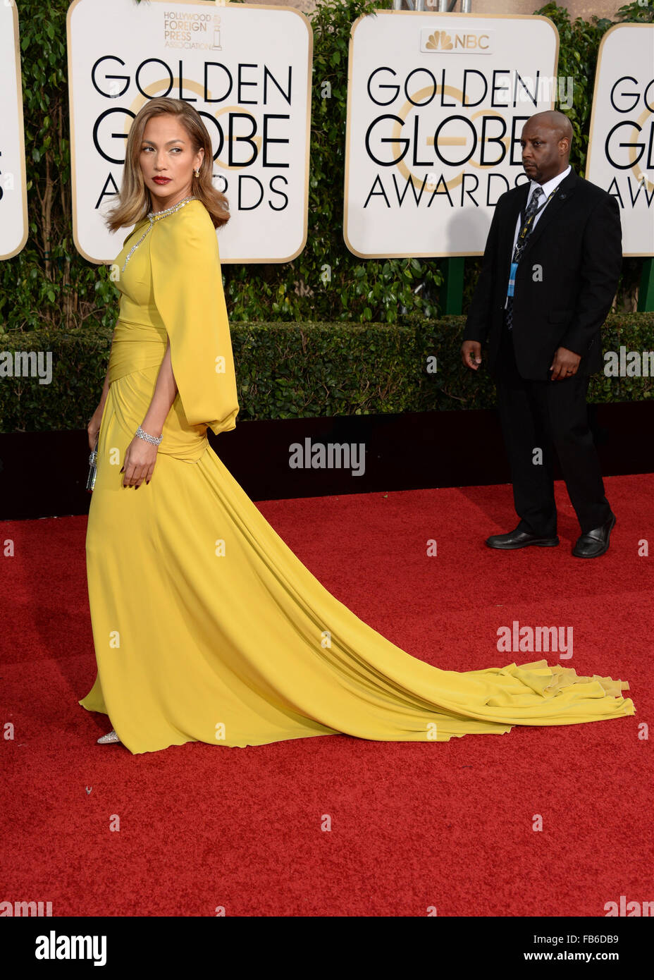 Los Angeles, California, USA. Il 10 gennaio, 2016. Jennifer Lopez arriva al Golden Globes, Los Angeles, CA Credito: Sydney Alford/Alamy Live News Foto Stock