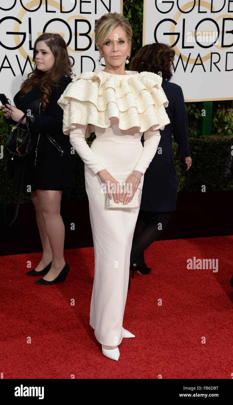 Los Angeles, California, USA. Il 10 gennaio, 2016. Jane Fonda arriva al Golden Globes, Los Angeles, CA Credito: Sydney Alford/Alamy Live News Foto Stock