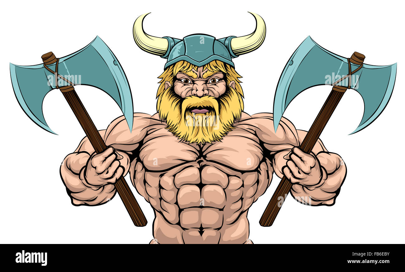 Una illustrazione di una media cercando Viking Guerriero con due assi Foto Stock