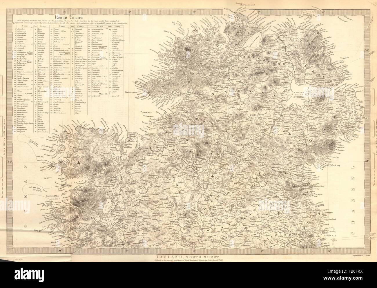 L'Irlanda:Nord Sheet.Elenco delle torri rotonde Cloigtheach Cloigthithe.SDUK, 1848 Mappa Foto Stock