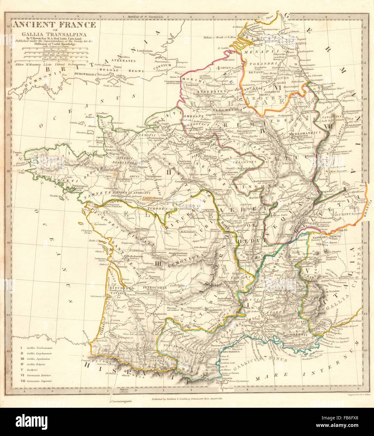 Romana antica Gallia FRANCIA: Gallia Transalpina. Nomi romani strade.SDUK, 1848 Mappa Foto Stock