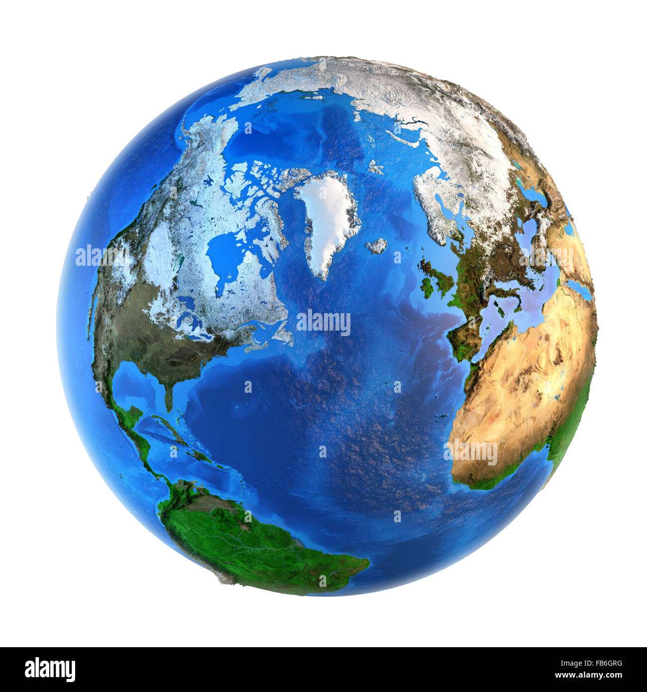 Immagine dettagliata della Terra e dei suoi landforms da una prospettiva nordica, isolato su bianco. Gli elementi di questa immagine arredate Foto Stock