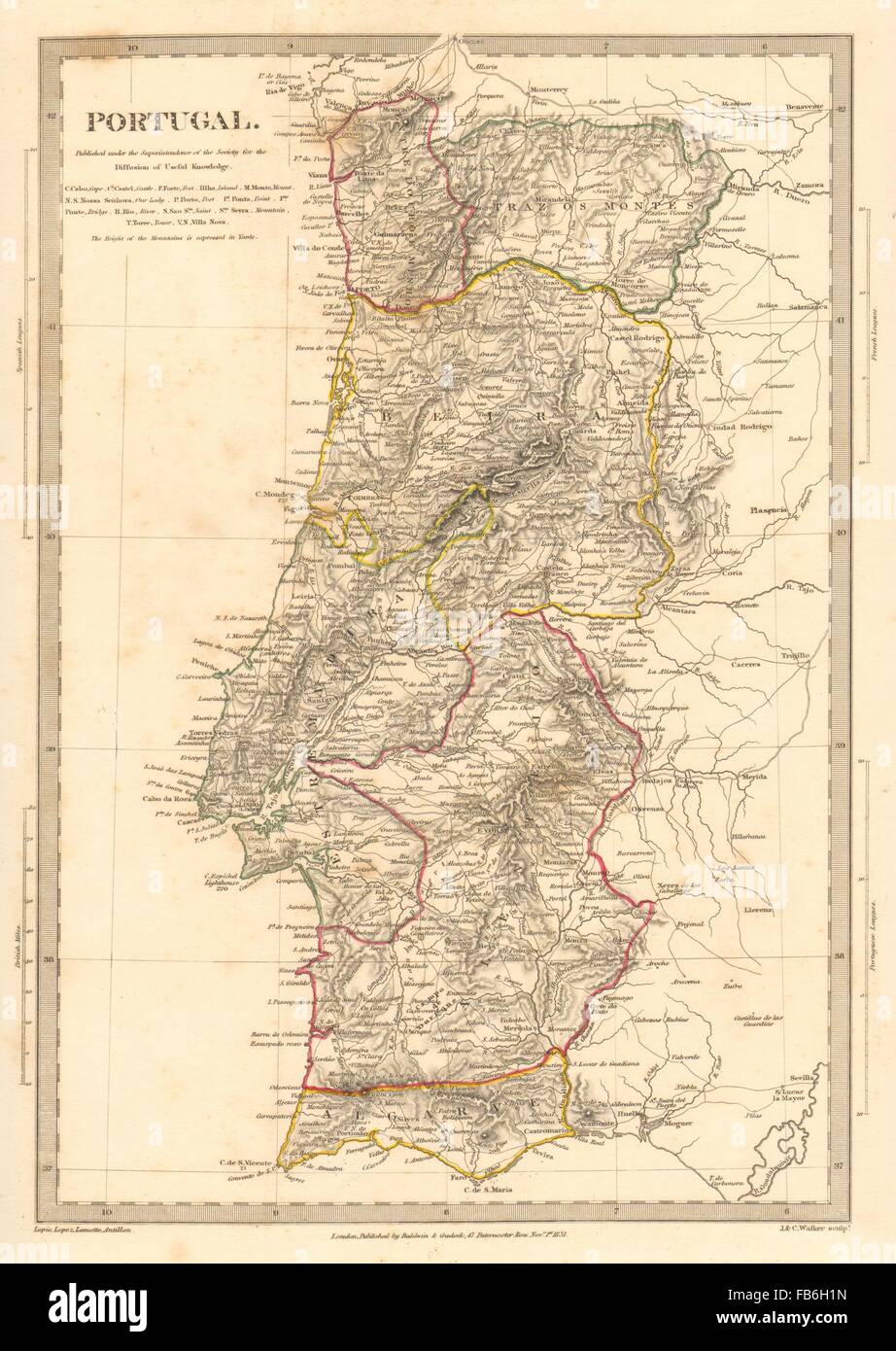 Portogallo: Province.Algarve Alentejo Estremadura Beira ecc. SDUK, 1848 mappa vecchia Foto Stock