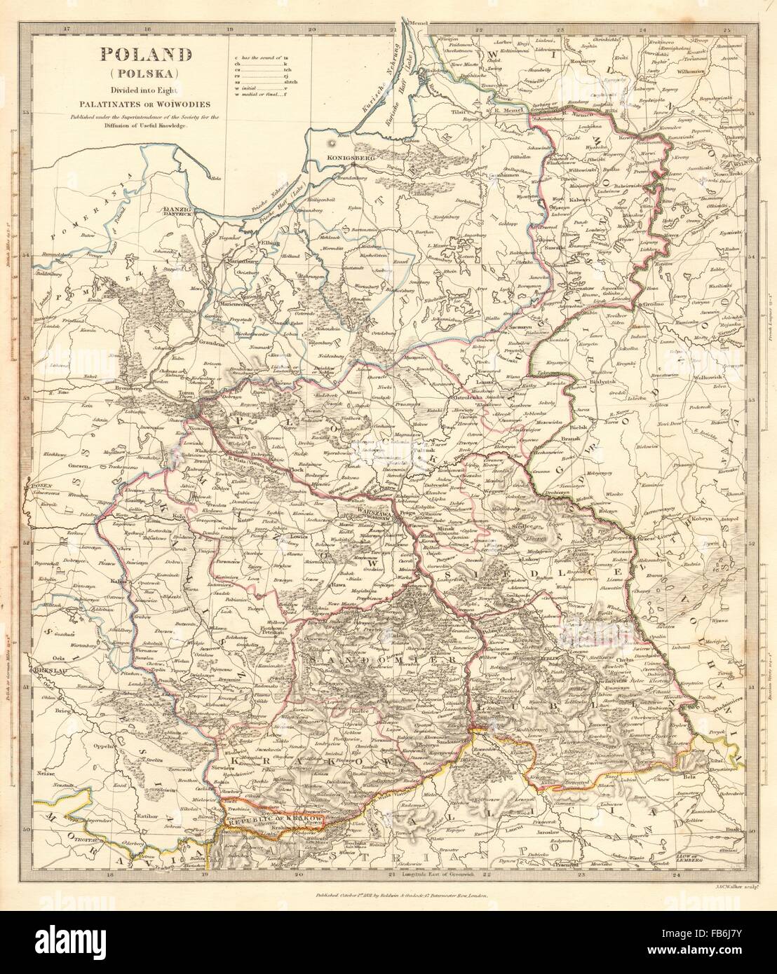 La Polonia POLSKA:Palatinates Woiwodies:Mazow Cracovia Plock Kalisz &c.SDUK, 1848 Mappa Foto Stock