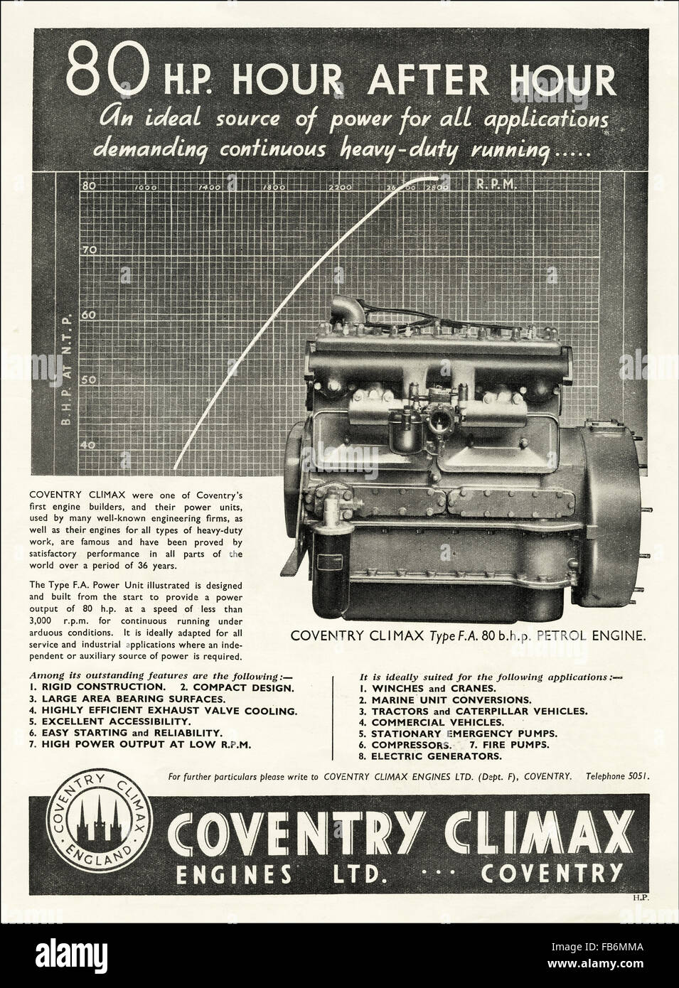 Vintage originale annuncio da 1930s. Annuncio da ottobre 1939, all'inizio della II Guerra Mondiale, pubblicità Coventry Climax motori. Foto Stock