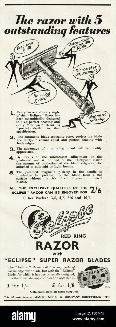 Vintage originale annuncio da 1930s. Annuncio da ottobre 1939, all'inizio della II Guerra Mondiale, pubblicità Eclipse le lame di rasoio. Foto Stock
