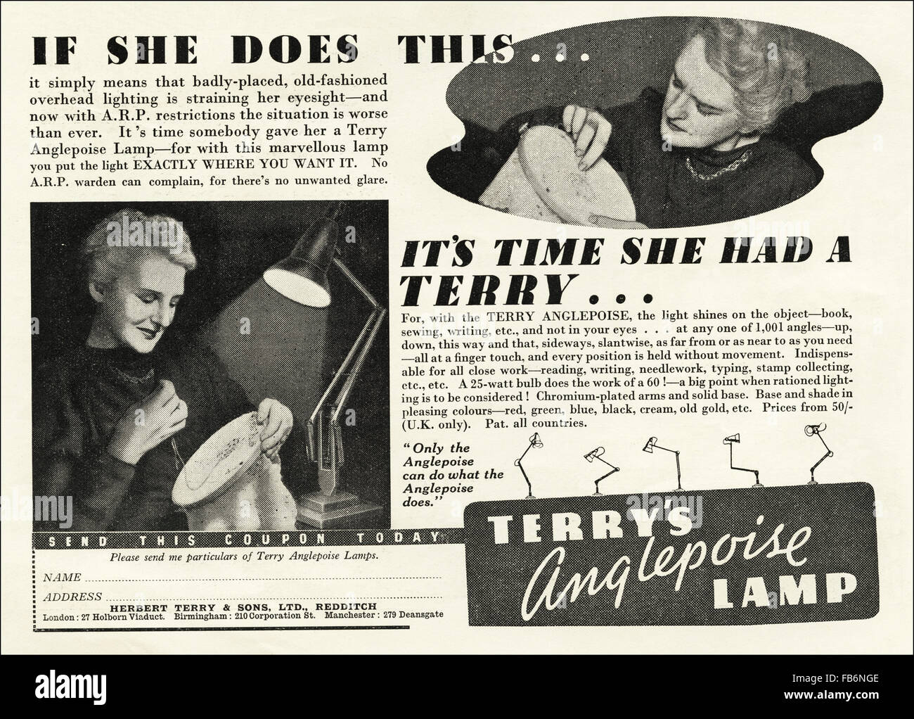 Vintage originale annuncio da 1930s. Annuncio da ottobre 1939, all'inizio della II Guerra Mondiale, pubblicità Terry Anglepoise della lampada fatta a Redditch. Foto Stock