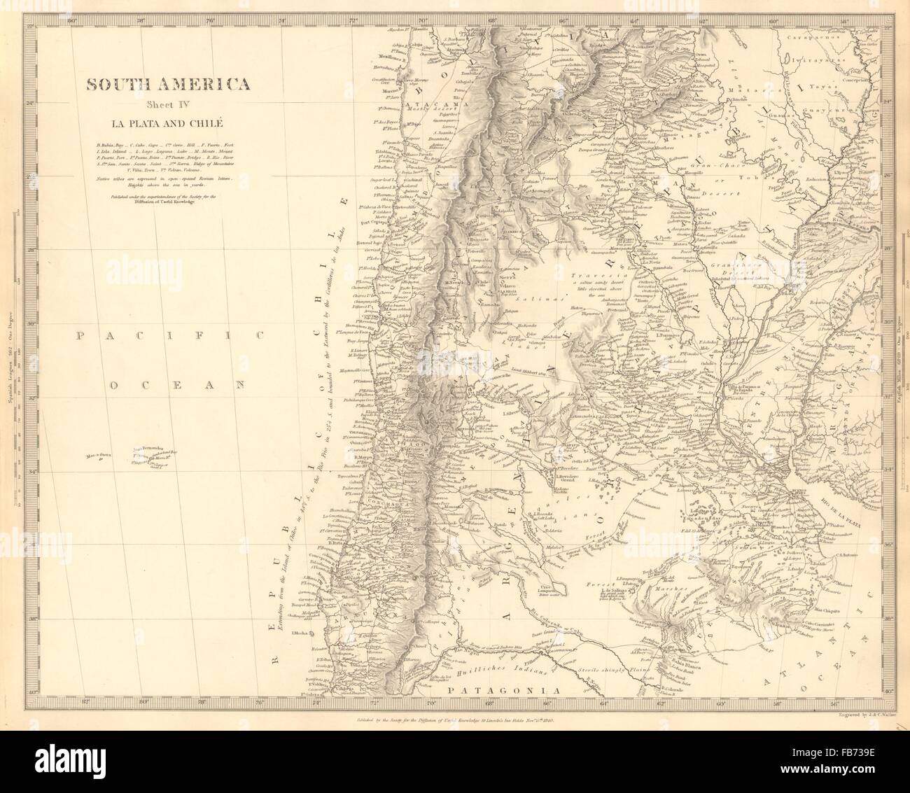 Sud America:La Plata e Chilé.Chile Argentina Uruguay Bolivia.SDUK, 1848 Mappa Foto Stock
