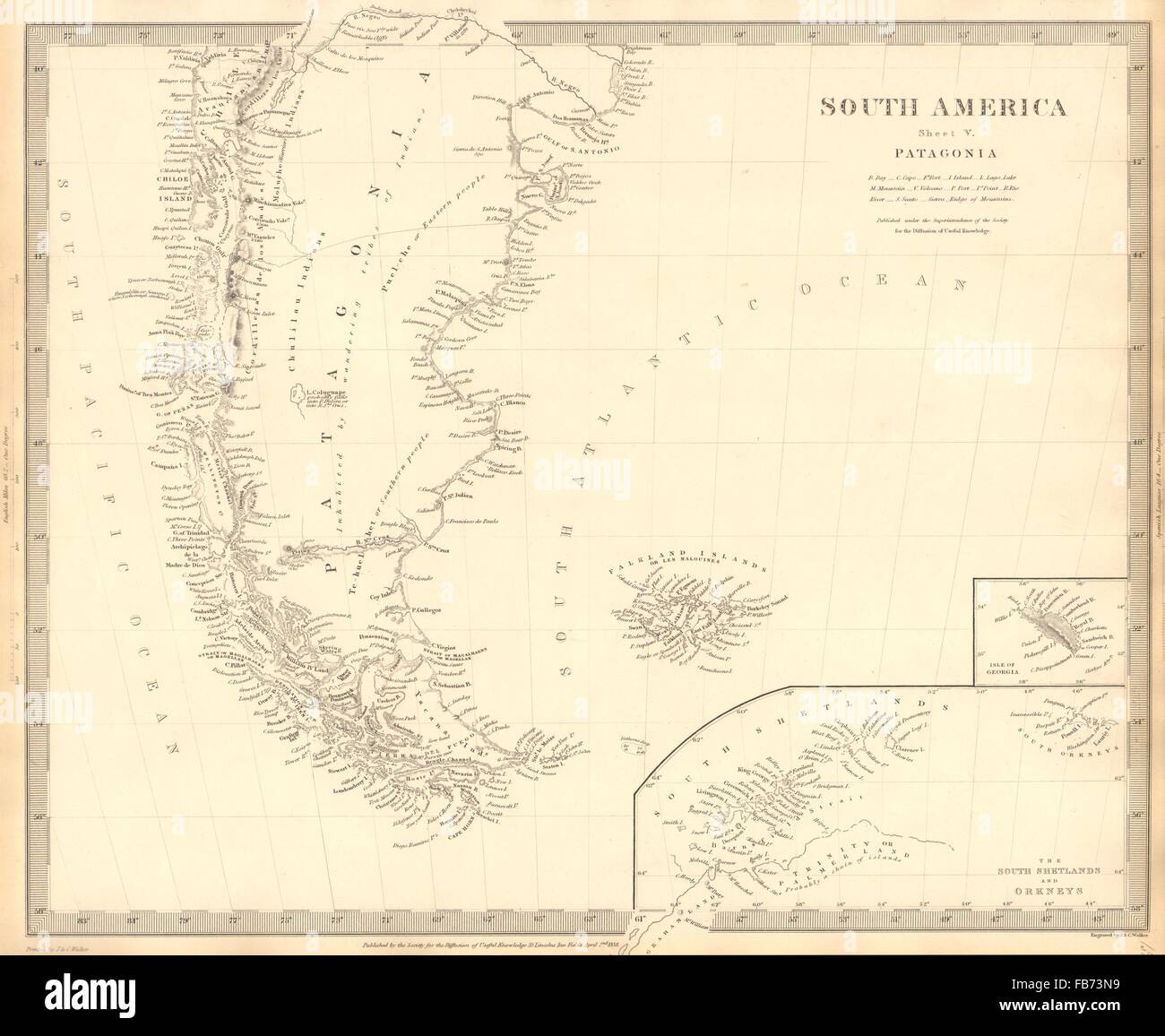 La Patagonia Argentina Cile Tierra del Fuego Falkland Georgia del Sud.SDUK, 1848 Mappa Foto Stock