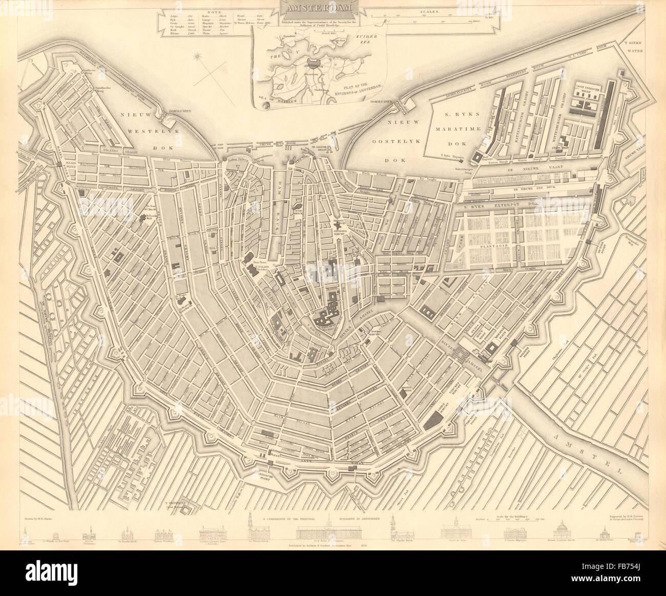 AMSTERDAM: Città mappa della città piano. Inset i dintorni di Amsterdam. SDUK, 1848 Foto Stock