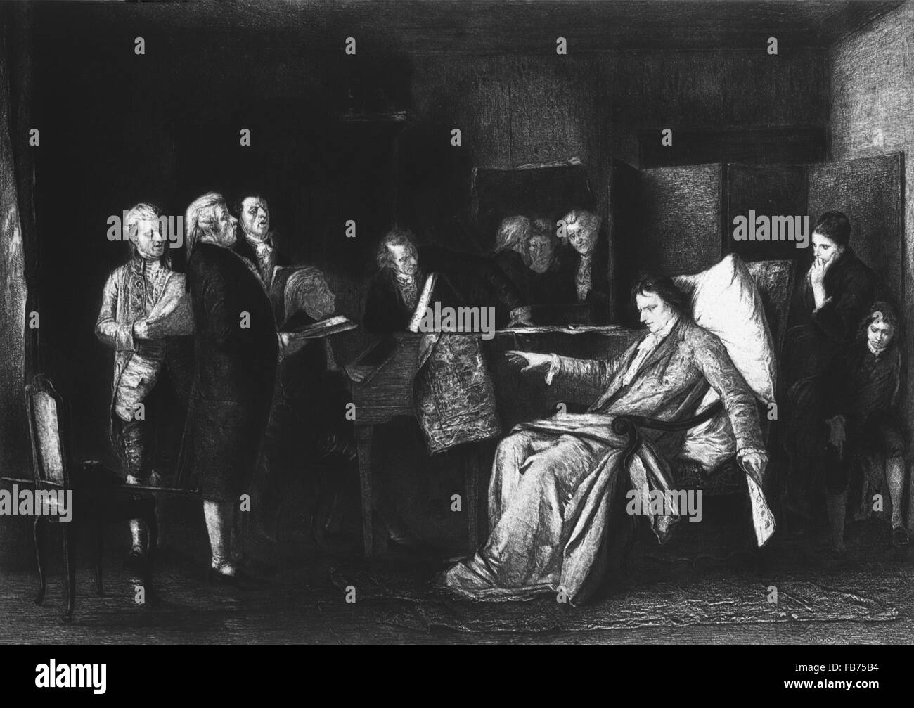 Wolfgang Amadeus Mozart dirigere il suo "Requiem", stampa a rotocalco dalla pittura da Mihaly Munkacsy, 1895 Foto Stock