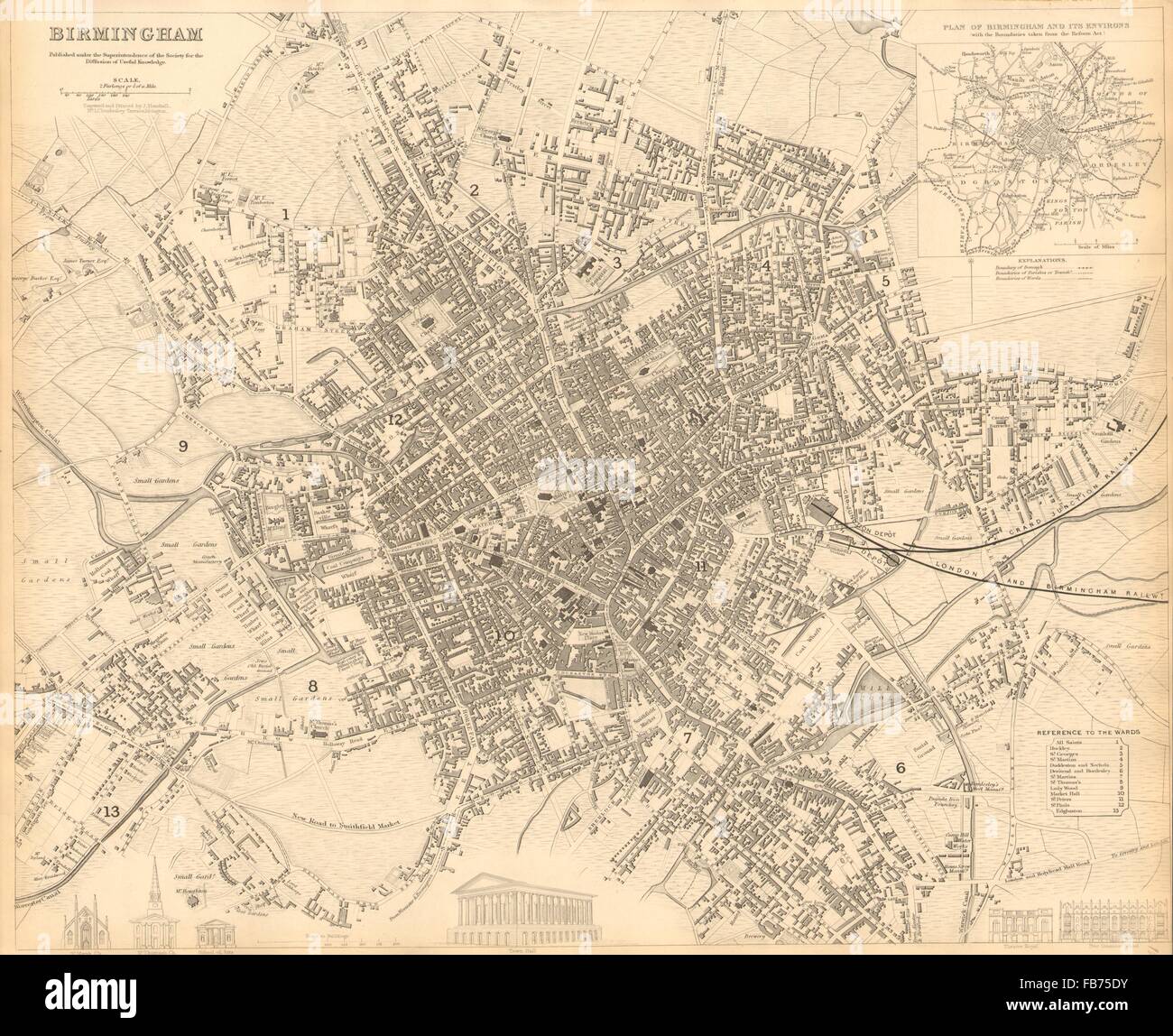 BIRMINGHAM: città antica città mappa piano. Inset dintorni di Birmingham. SDUK 1848 Foto Stock
