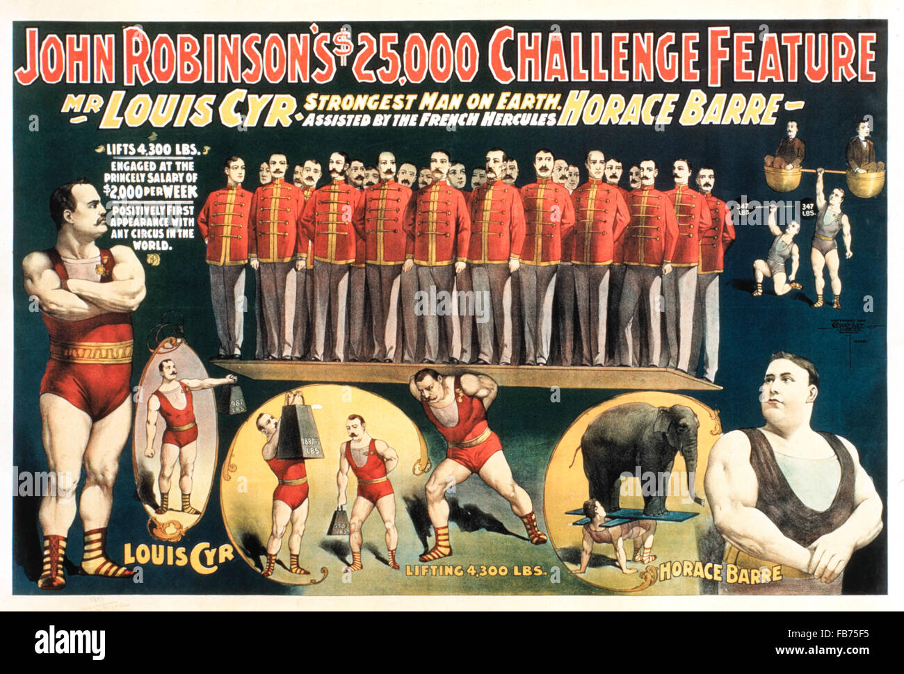 John Robinson è $25.000 sfida funzione, Sig. Louis Cyr, uomo più forte sulla terra assistiti dai francesi Hercules Orazio Barre, poster di circo, circa 1898 Foto Stock