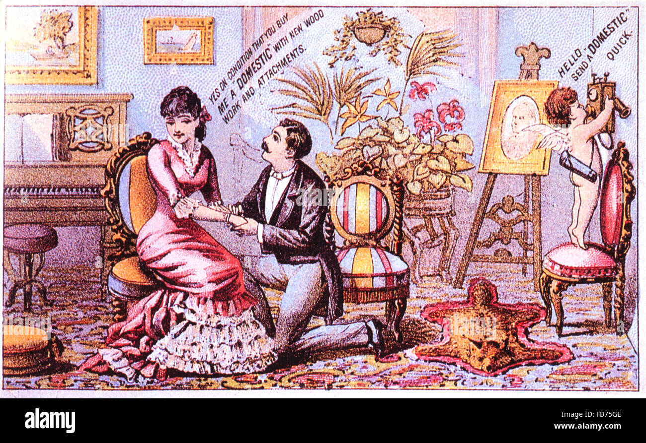 Interno macchina da cucire Company, "sì a condizione che mi comprare un domestico con nuovi lavori in legno e degli accessori", scheda commerciale, circa 1885 Foto Stock