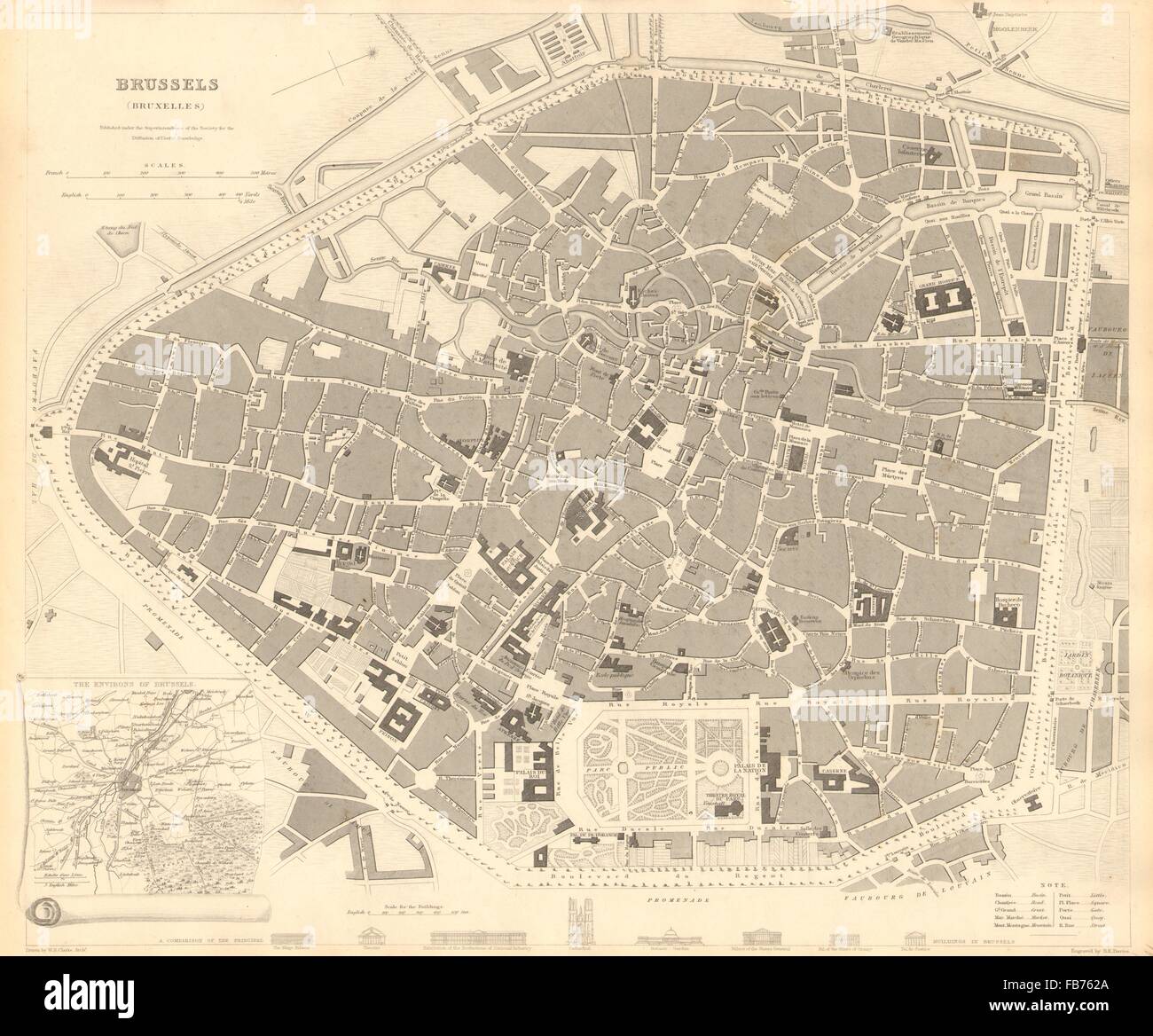 Bruxelles Bruxelles BRUSSEL: antico della città piano mappa.Inset dintorni.SDUK 1848 Foto Stock
