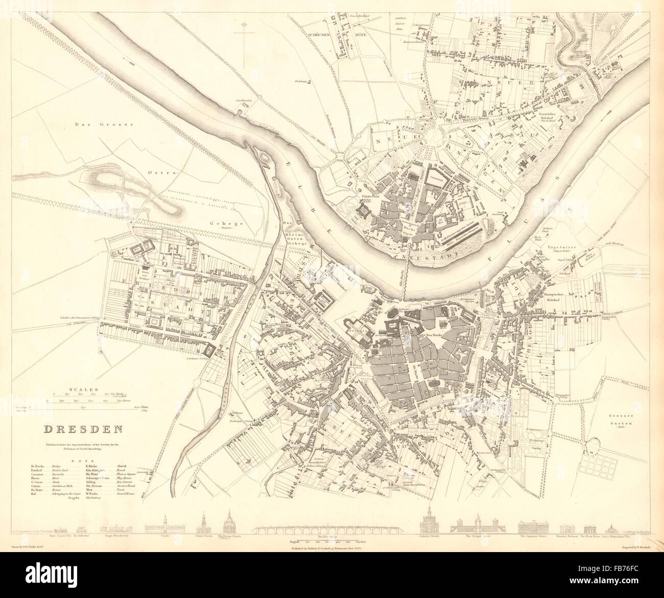 Dresda: città antica città mappa piano. SDUK, 1848 Foto Stock