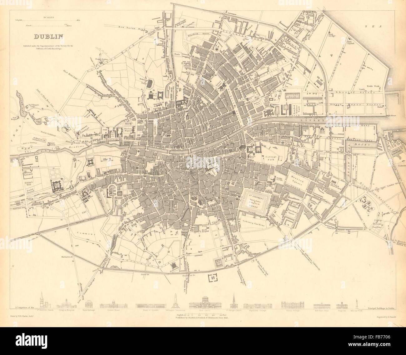 Dublino: Antica città mappa della città piano. Edifici chiave profili. SDUK, 1848 Foto Stock