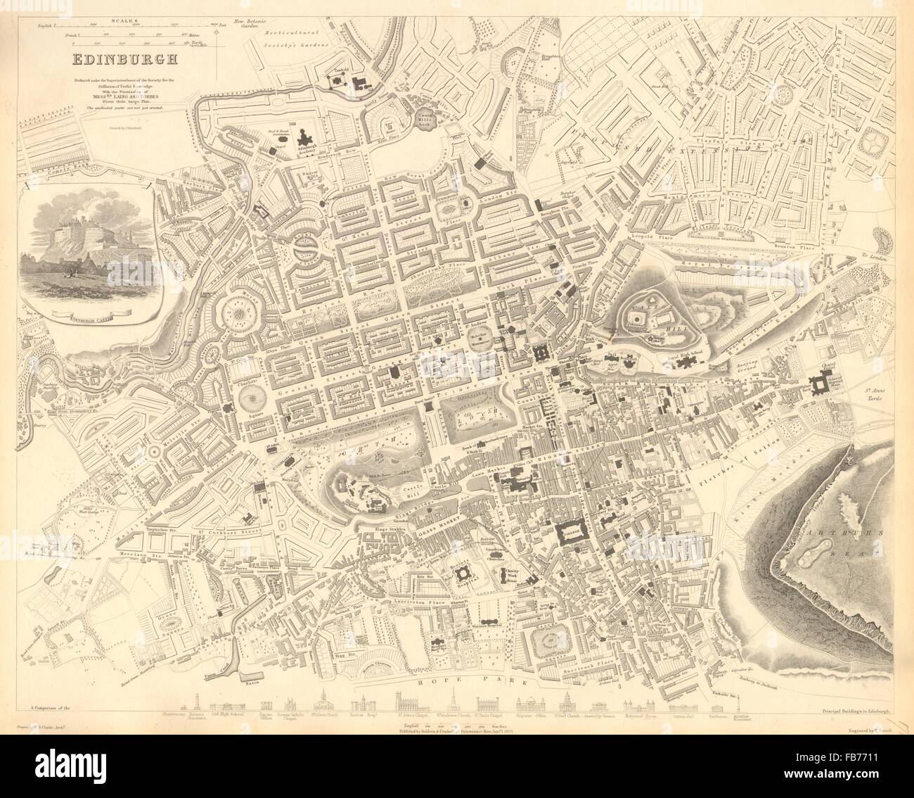 Edimburgo: città antica città mappa piano. Edifici chiave profili. SDUK, 1848 Foto Stock