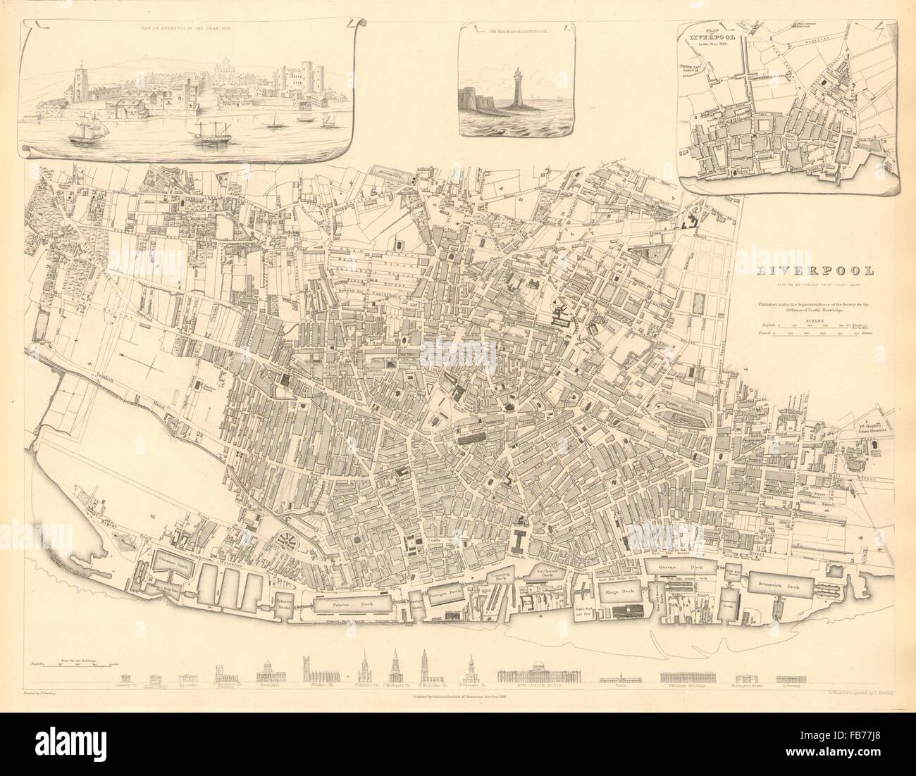 LIVERPOOL: Antico Town City map.Vista Inset & piano nel 1729. Edifici.SDUK 1848 Foto Stock