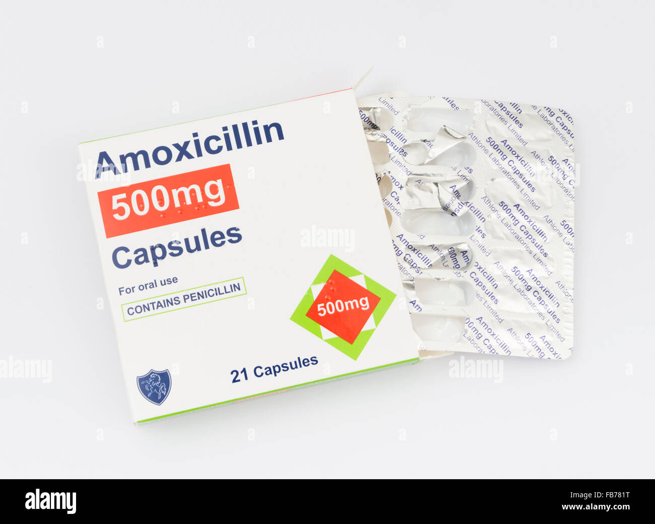 Una confezione di antibiotico amoxicillina. Foto Stock