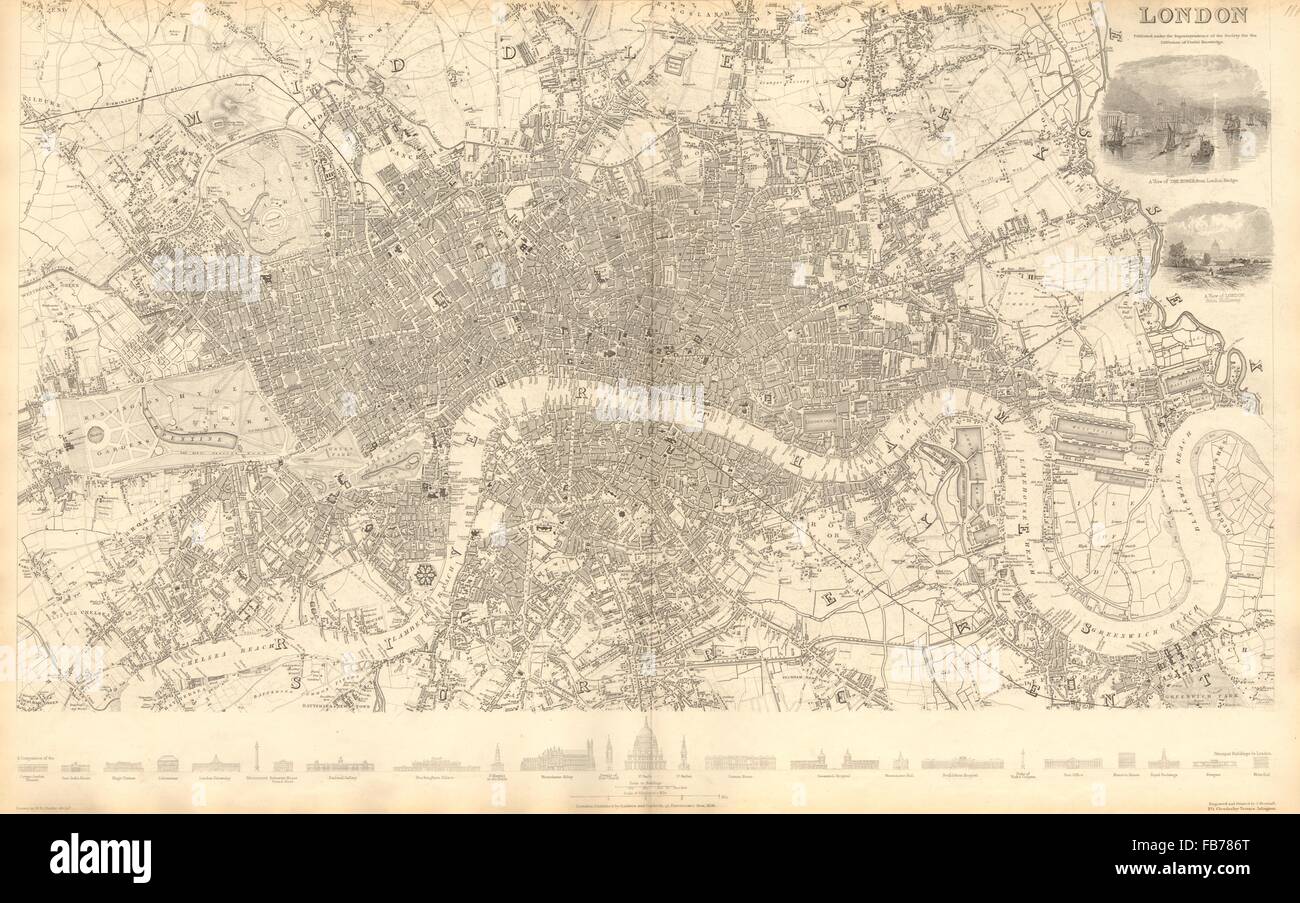 Londra: città antica città mappa piano. Profili degli edifici principali. Grandi.SDUK 1848 Foto Stock