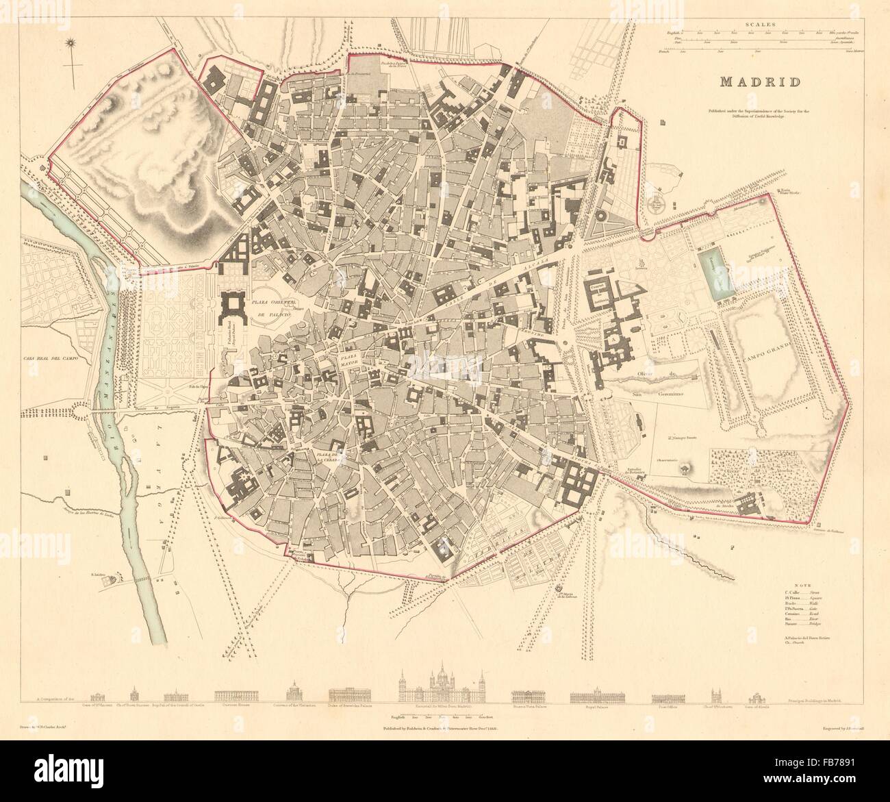MADRID: città antica città mappa piano. Profilo originale a colori. SDUK, 1848 Foto Stock